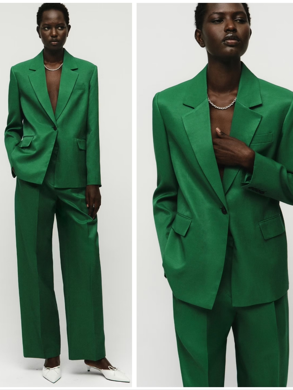 Mango Suit Green Blazer Pants Set